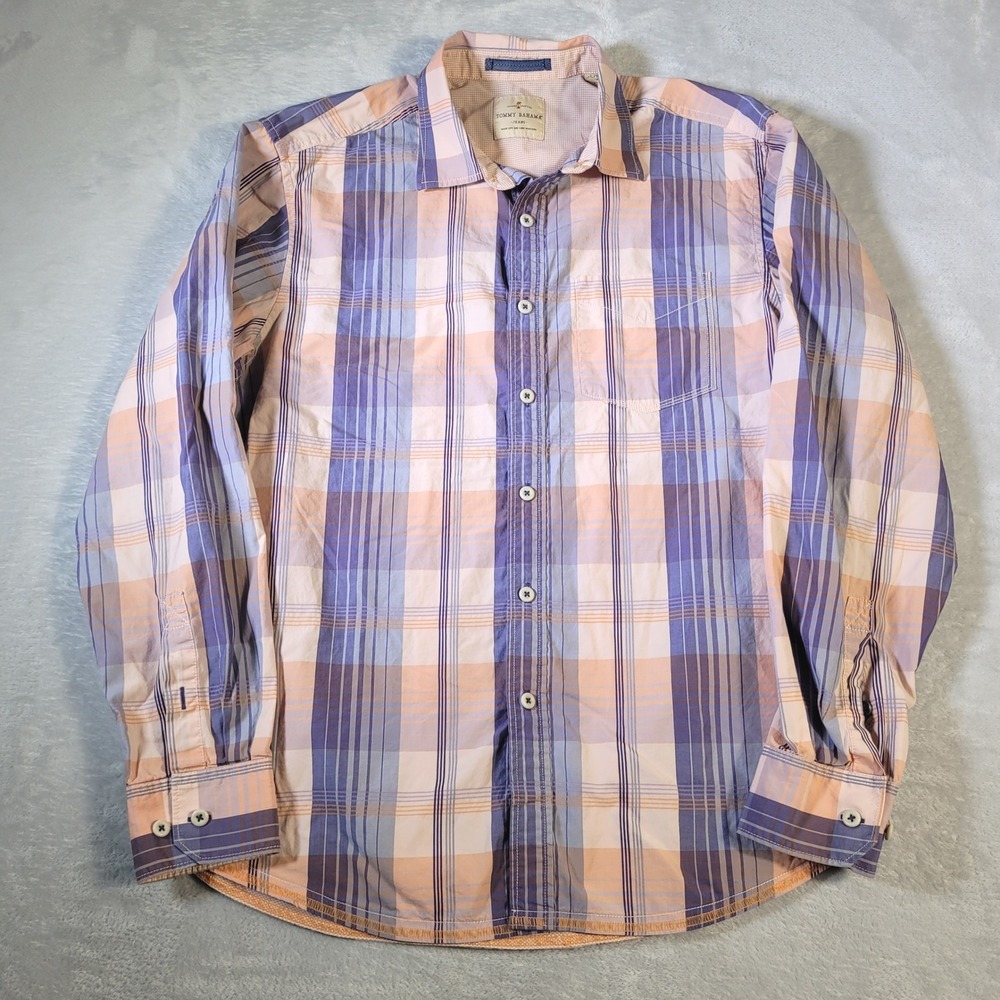 Tommy Bahama Mens L Purple Orange Plaid 100% Linen Button Up Long Sleeve Shirt